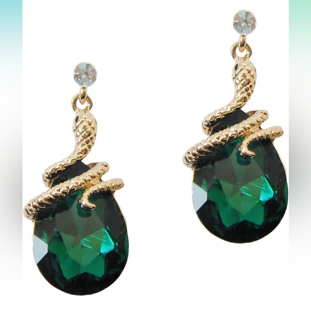 18k Gold Plated Crystal Unofficial SLYTHERIN Snake Drop Dangle Earrings